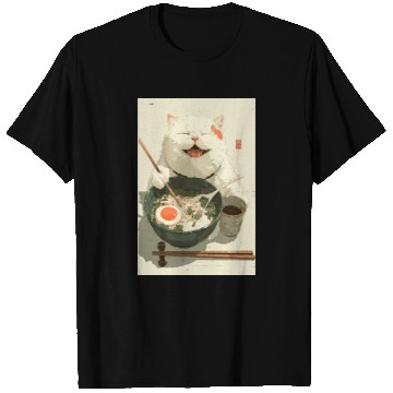 Discover Happy White Cat Eating Ramen T Shirts