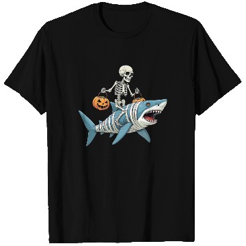 Discover Skeleton Riding Shark Mummy Funny Halloween T Shirts