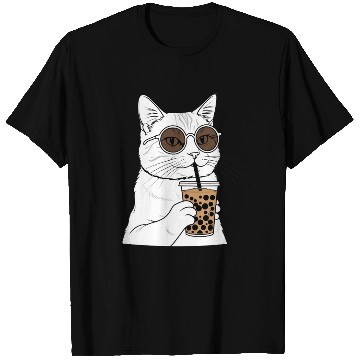 Discover Cool Cat with Bubble Tea and Sunglasses T Shirts