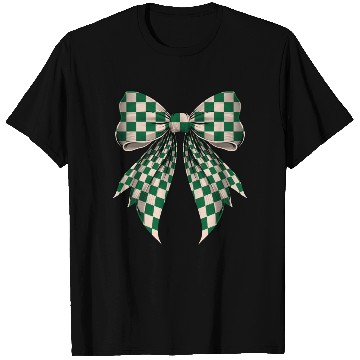 Discover Coquette Bow Cream White Green Checkered Pattern T Shirts