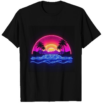Discover Neon Sunset Over Tropical Island T Shirts