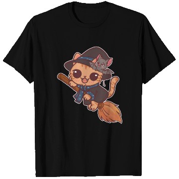 Discover Enchanted Cat Witch with Bat Familiar T Shirts