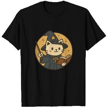 Discover Whimsical Cat Wizard in Starry Night T Shirts