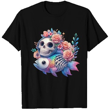 Discover Whimsical Skull and Fish Floral Fusion T Shirts
