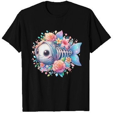 Discover Whimsical Fish Skeleton with Floral Accents T Shirts