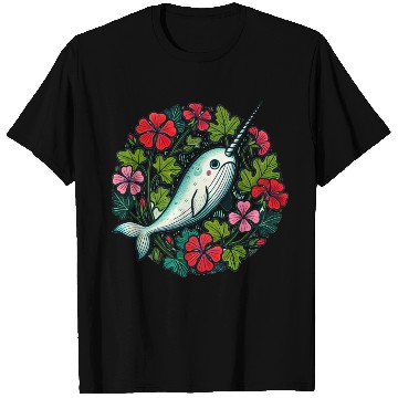 Discover Whimsical Narwhal Amid Floral Bloom T Shirts