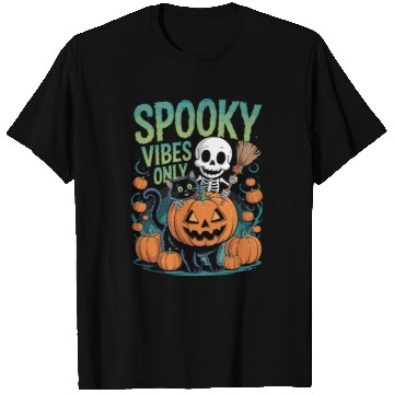 Discover Spooky Vibes Halloween Cat and Skeleton T Shirts