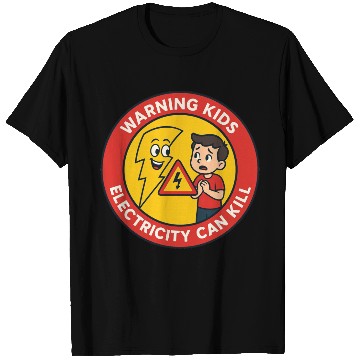Discover Warning Kids Electricity Safety Badge T Shirts
