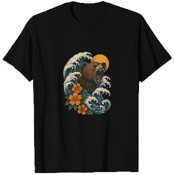 Discover Bear Surfer Wave with Hibiscus Flowers T Shirts