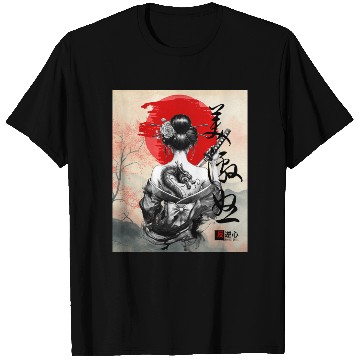 Discover Geisha with Dragon Back Tattoo T Shirts
