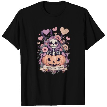 Discover Whimsical Skeleton with Pumpkin and Floral Accents T Shirts
