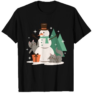 Discover Festive Snowman with Cats and Pine Trees T Shirts