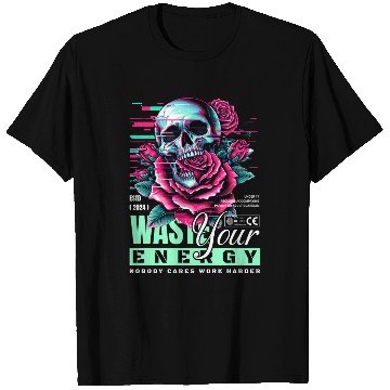 Discover Vivid Skull with Roses Neon Artwork T Shirts