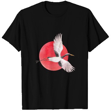 Discover Elegant Crane Flying Over Red Sun T Shirts