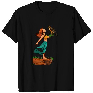 Discover Woman with Hawk on Arm in Nature Scene T Shirts