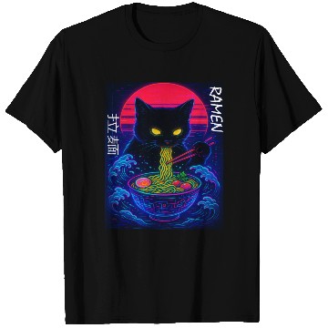 Discover Neon Black Cat Ramen Art T Shirts
