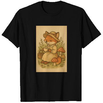 Discover Whimsical Fox with Tea and Mushrooms T Shirts