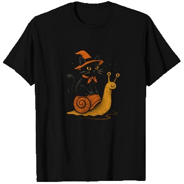 Discover Halloween Cat with Snail and Wizard Hat T Shirts