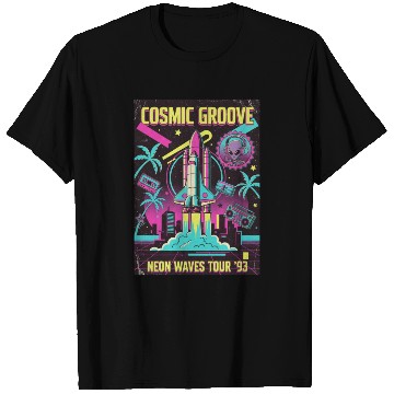 Discover Retro Neon Waves Space Rocket T Shirts