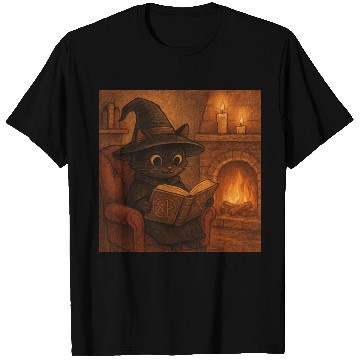 Discover Enchanted Cat Witch by the Fireplace T Shirts