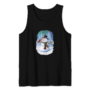 Discover Christmas Snowman Cardinal Bird Chickadees Winter Snow Scene Tank Tops