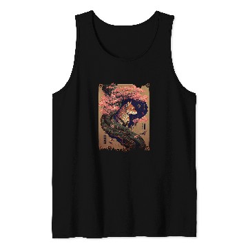 Discover vintages Cherry Blossom Japanese Fox Scroll Graphical Art Tank Tops