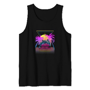 Discover Dolphin Pet Retro 1980s 1990s Dolphins Palm Trees Sunset Beach Art Tank Tops