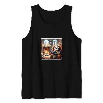 Discover Sloth Pet Reading In A Cozy Library With A Cat Fireplace Books Tank Tops