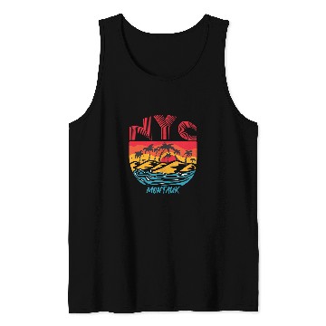 Discover Surf Life Retro Montauk Beach Long Island Palm trees Ocean Surfing Tank Tops