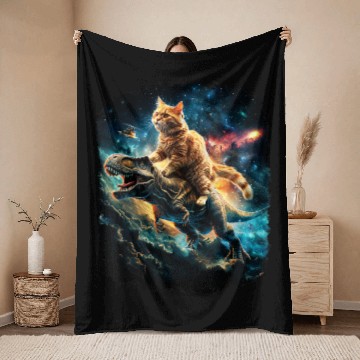 Discover Cat Riding Dinosaur Rex Throw Blankets