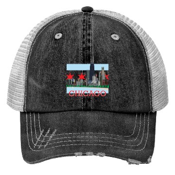 Discover Chicago Skyline and Flag Trucker Hats