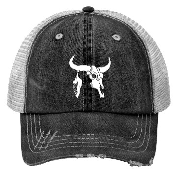 Discover Tribal White Longhorn Bull Skull w White Feather Trucker Hats