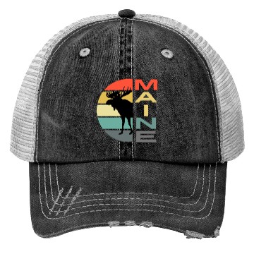 Discover Maine Moose Retro Sunset Acadia Nature Vintage Trucker Hats