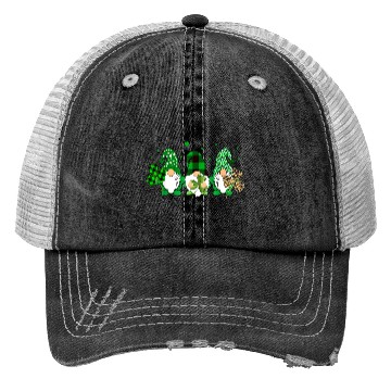 Discover Three Gnomes Holding Shamrock Leopard Plaid Trucker Hats