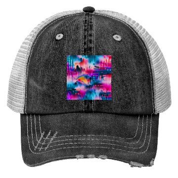 Discover Abstract watercolor pattern in retro neon colors Trucker Hats