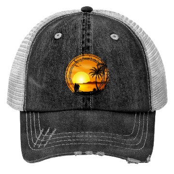 Discover Retro Vintage Sunset , Beach, Palm Trees, Vacation Trucker Hats