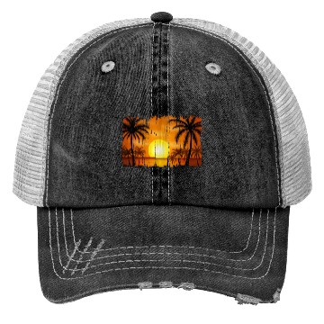 Discover Retro Sunrise, Beach, Palm Trees, Vacation Trucker Hats