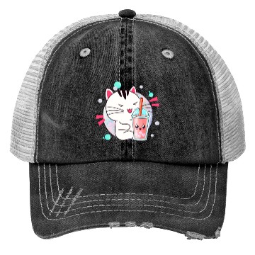 Discover Kawaii Anime Cat Bubble Tea Fan Trucker Hats