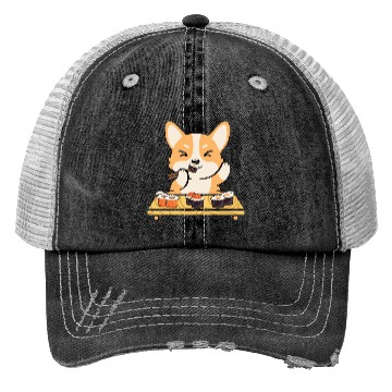 Discover Kawaii Dog Eating Sushi Rolls Trucker Hats
