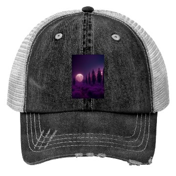 Discover Forest in night above purple clouds, moon Trucker Hats