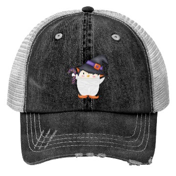 Discover Halloween Penguin in a mummy costume Trucker Hats