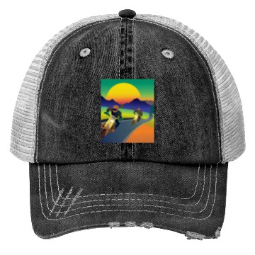Discover Dirt Bike Rider Sunset Mountain Road Trucker Hats