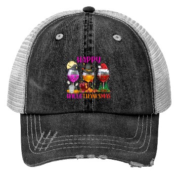 Discover Happy Hallothanksmas Wine Lover Halloween Thankful Trucker Hats
