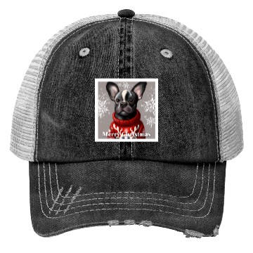 Discover Festive French Bulldog in a cute sweater. Trucker Hats