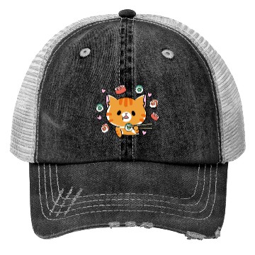 Discover Kawaii Cat Eating Sushi Japanese Raw Food Trucker Hats