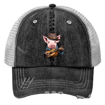 Discover Acoustic Guitar Pig Guitar Player Farm Animal Trucker Hats