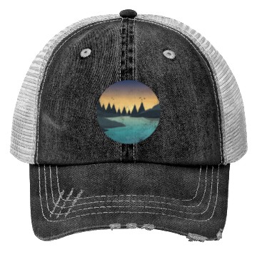 Discover Retro River With Forest And Birds In The Sunset Trucker Hats