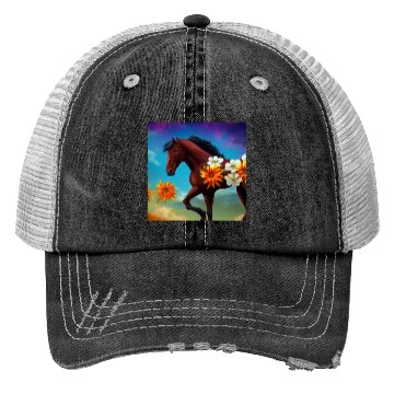Discover Brown horse with orange white flowers drawing Trucker Hats