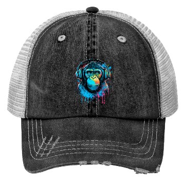 Discover ape, primate, monkey wearing headphones Trucker Hats