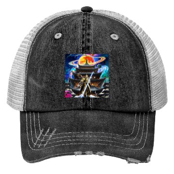 Discover Painting of a warrior fighting in an alien world. Trucker Hats